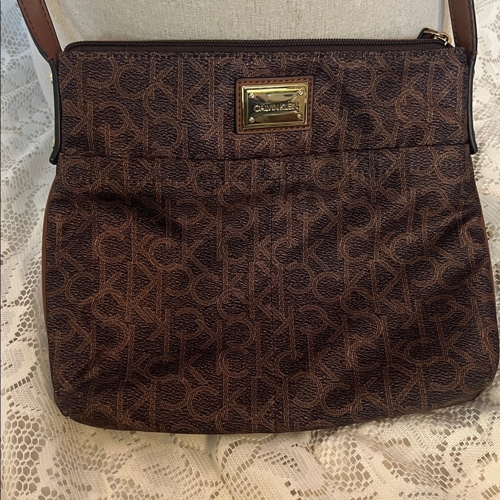 Calvin Klein Brown Monogram Logo Crossbody Bag Gold Hardware Slim Messenger